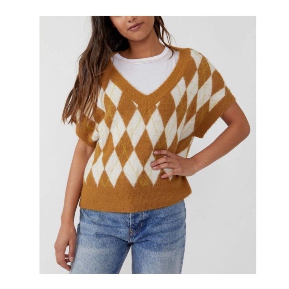 Free People Vest Sweater Women Size S Checkered Preppy top